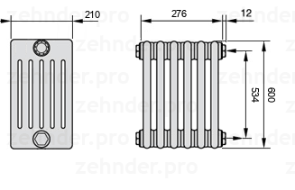 Схема (чертеж) Радиатор Zehnder Charleston 6060/6 №7610 Белый глянцевый RAL 9016